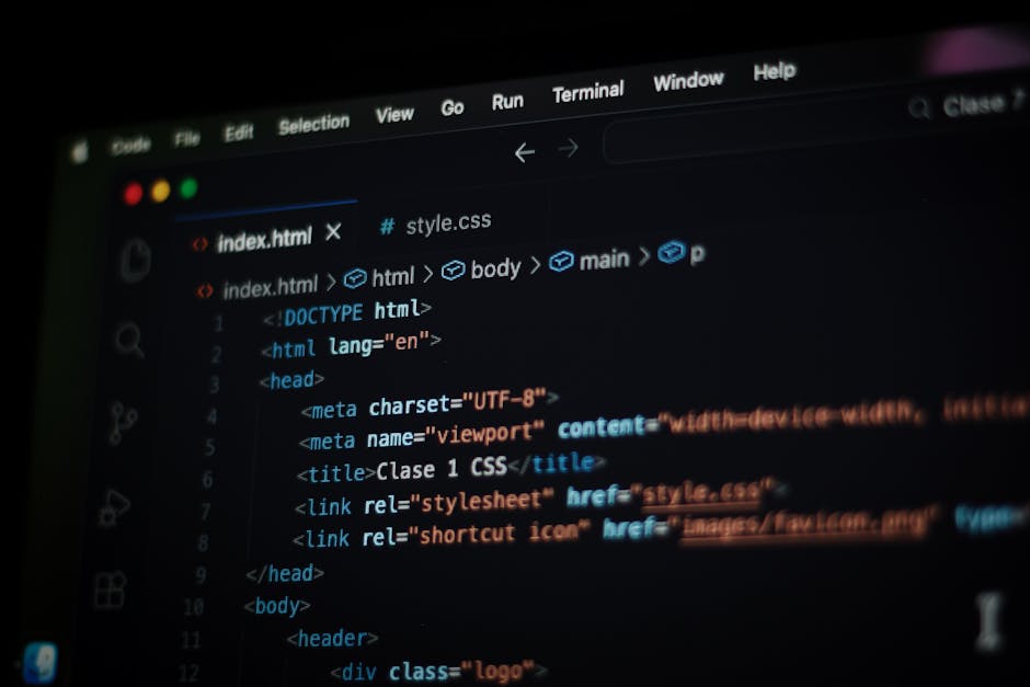 A computer screen displaying a dark-themed code editor with HTML code visible on the left side. The code includes tags such as <!DOCTYPE html>, <html>, <head>, <title>, and <link>, with syntax highlig